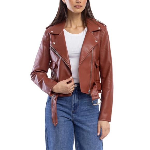 Blank NYC Jackets & Blazers - Blank NYC Brick Red Brown Faux Leather Silver Belted Moto Jacket Size XL NWT